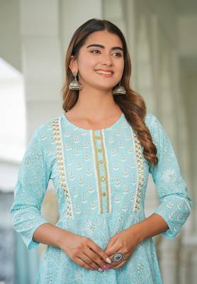  women's cotton floral printed embroidered anarkali kurta (blue) 4