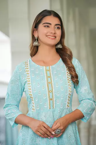  women's cotton floral printed embroidered anarkali kurta (blue)