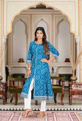  women's blue bandhej printed anarkali kurti (blue) 2