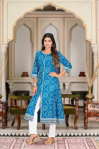 women's blue bandhej printed anarkali kurti (blue)