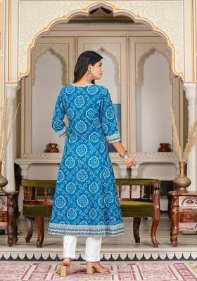  women's blue bandhej printed anarkali kurti (blue) 3