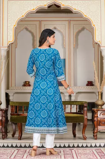  women's blue bandhej printed anarkali kurti (blue)