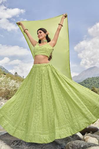  Light Green Colored Faux Georgette Thread Embroidered Designer Indian Lehenga Dress For Wedding