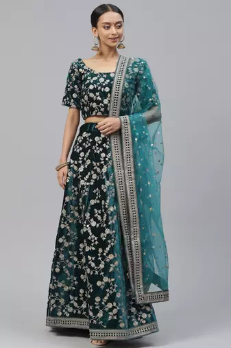 Rama Blue Colored Velvet Thread Embroidered Designer Indian Lehenga Choli For Wedding