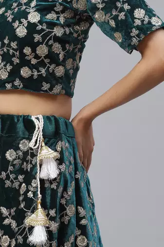 Rama Blue Colored Velvet Thread Embroidered Designer Indian Lehenga Choli For Wedding