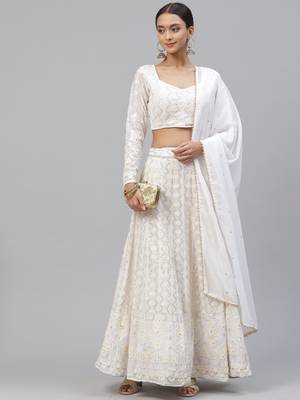 White Faux Georgette Thread Embroidery Lehenga 1