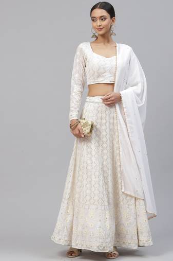 White Faux Georgette Thread Embroidery Lehenga