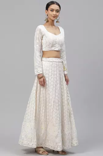 White Faux Georgette Thread Embroidery Lehenga