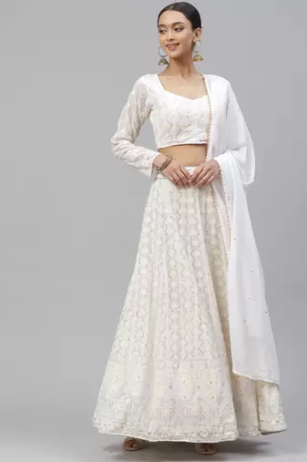 White Faux Georgette Thread Embroidery Lehenga