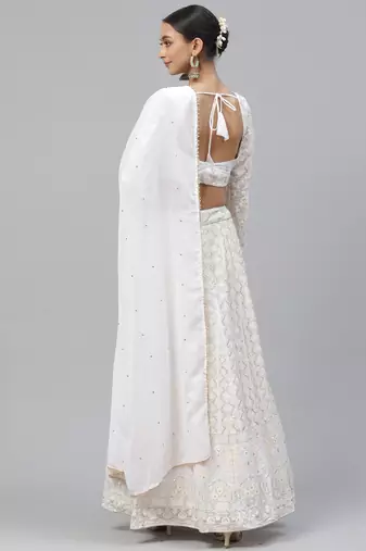 White Faux Georgette Thread Embroidery Lehenga