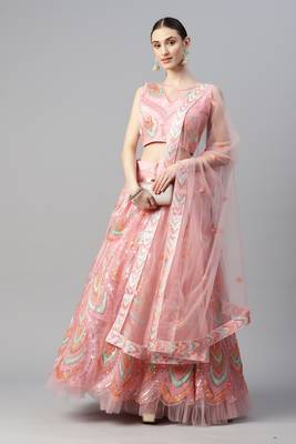 White Colored Morpankh Designered Net Thread Embroidered Designer Indian Lehenga Dress For Wedding 1