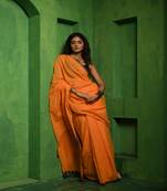 Huts and looms yellow handloom mul cotton saree with blue border