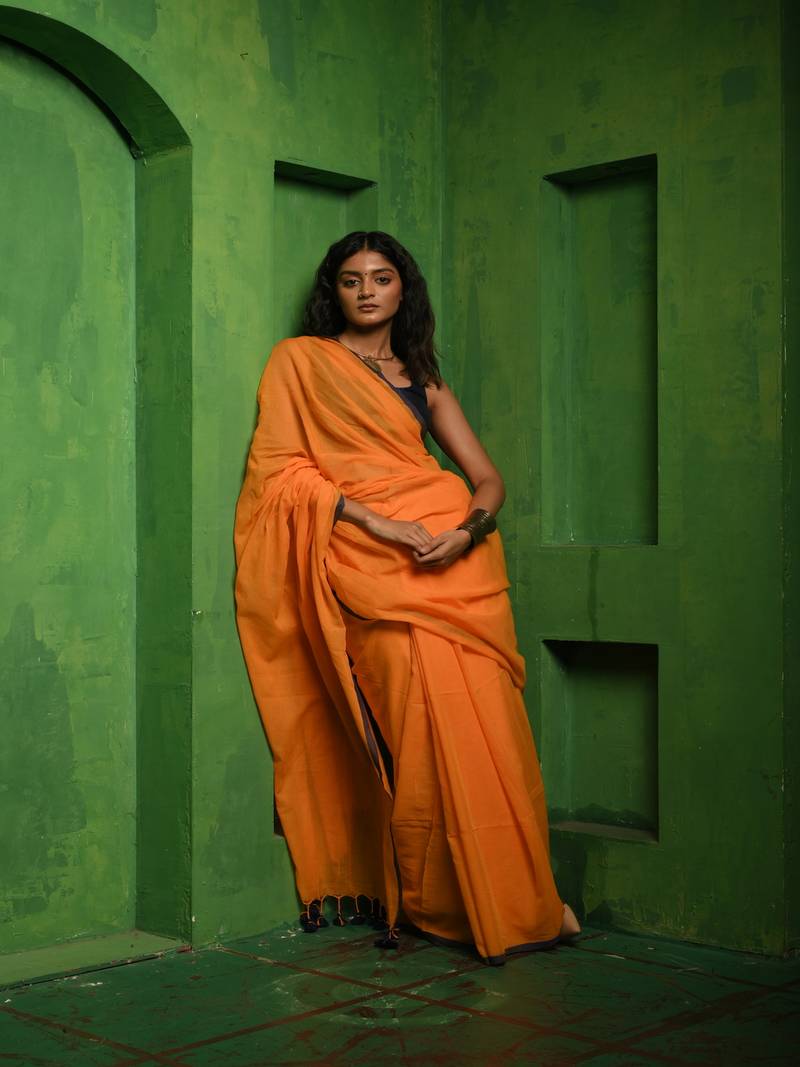 Huts and looms yellow handloom mul cotton saree with blue border
