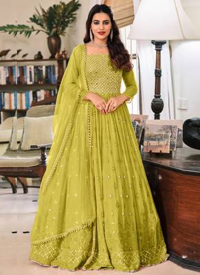 Parrot green georgette embroidered anarkali suit 1