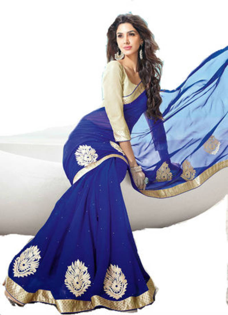 Blue Embroidered Georgette saree With Unstiched Blouse