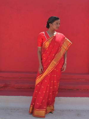 Huts and looms exquisite red handwoven cotton saree with golden jamdani motifs 1