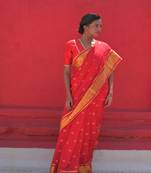 Huts and looms exquisite red handwoven cotton saree with golden jamdani motifs