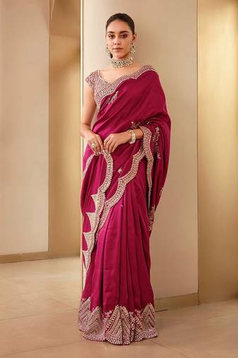 AWRIYA Vichitra Silk Saree with Cutwork Embroidery and Sequence Work and Unstitched Embroidered Blouse Piece