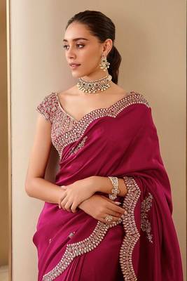 AWRIYA Vichitra Silk Saree with Cutwork Embroidery and Sequence Work and Unstitched Embroidered Blouse Piece 3
