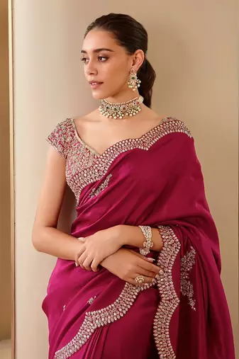 AWRIYA Vichitra Silk Saree with Cutwork Embroidery and Sequence Work and Unstitched Embroidered Blouse Piece