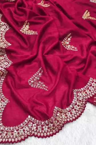 AWRIYA Vichitra Silk Saree with Cutwork Embroidery and Sequence Work and Unstitched Embroidered Blouse Piece