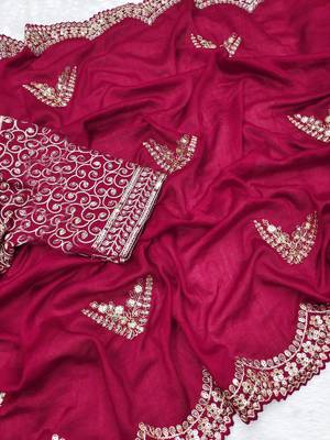 AWRIYA Vichitra Silk Saree with Cutwork Embroidery and Sequence Work and Unstitched Embroidered Blouse Piece 7