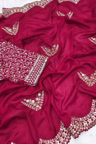 AWRIYA Vichitra Silk Saree with Cutwork Embroidery and Sequence Work and Unstitched Embroidered Blouse Piece