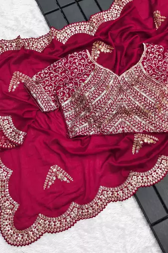 AWRIYA Vichitra Silk Saree with Cutwork Embroidery and Sequence Work and Unstitched Embroidered Blouse Piece