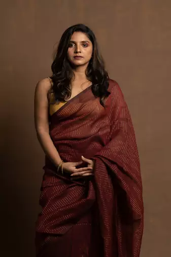 Maroon gold zari stripe mul cotton saree