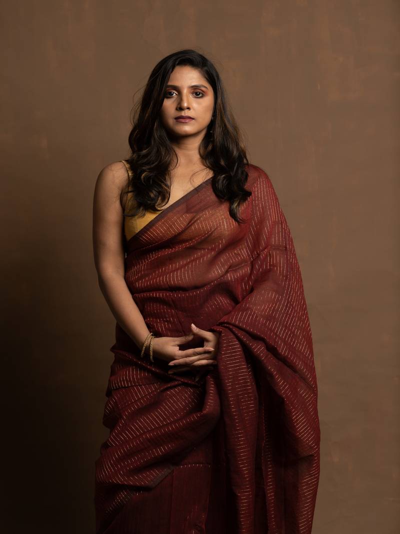 Maroon gold zari stripe mul cotton saree
