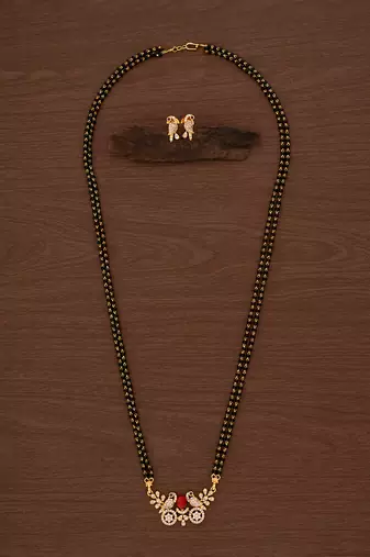 Black beads mangalsutra MEDIUM length with diamond pendant and earrings set one gram gold