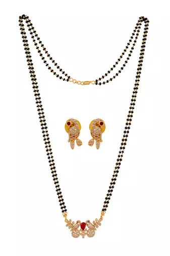 Black beads mangalsutra MEDIUM length with diamond pendant and earrings set one gram gold