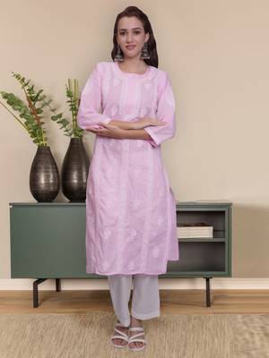 Pink terivoil cotton lucknowi chikankari kurta 1