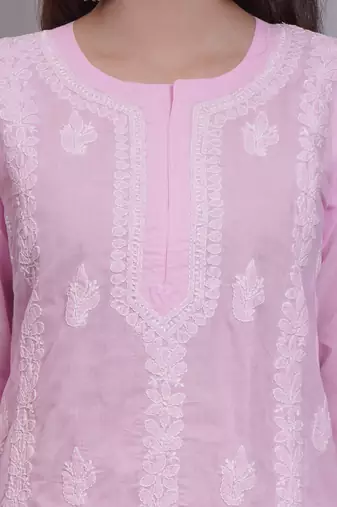 Pink terivoil cotton lucknowi chikankari kurta