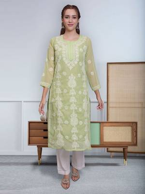 Green georgette lucknowi chikankari kurta with slip 1