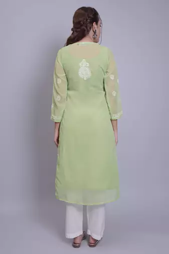 Green georgette lucknowi chikankari kurta with slip