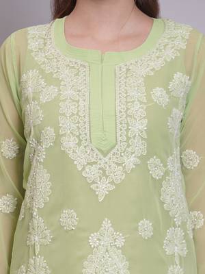 Green georgette lucknowi chikankari kurta with slip 3