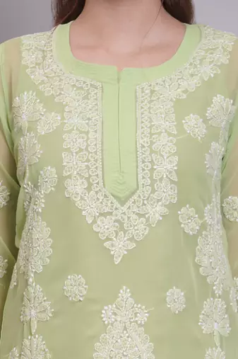 Green georgette lucknowi chikankari kurta with slip