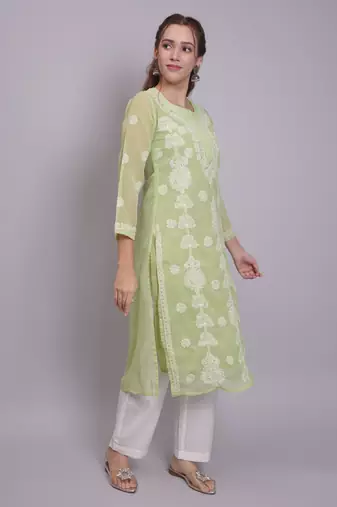 Green georgette lucknowi chikankari kurta with slip