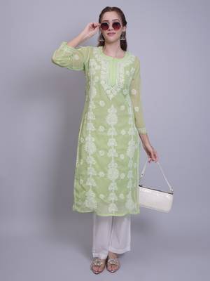 Green georgette lucknowi chikankari kurta with slip 5