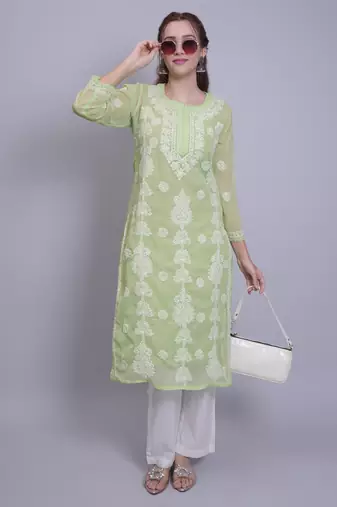 Green georgette lucknowi chikankari kurta with slip