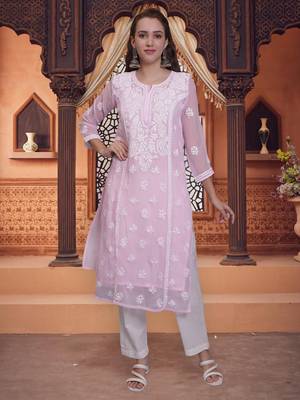 Pink georgette lucknowi chikankari kurta with slip 1