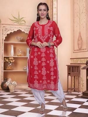 Red georgette lucknowi chikankari kurta with slip 1