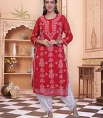 Red georgette lucknowi chikankari kurta with slip