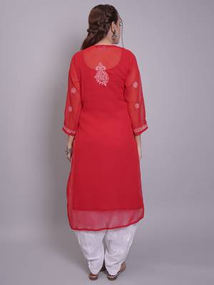 Red georgette lucknowi chikankari kurta with slip 2