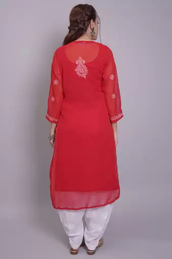 Red georgette lucknowi chikankari kurta with slip