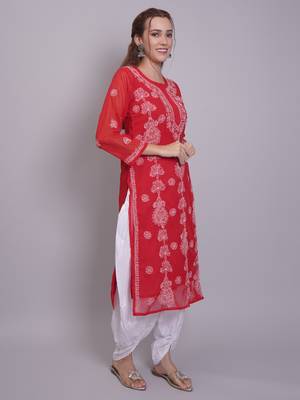 Red georgette lucknowi chikankari kurta with slip 3