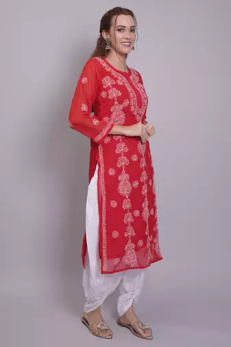 Red georgette lucknowi chikankari kurta with slip