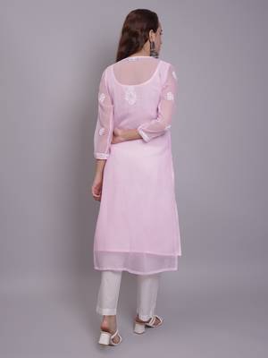 Pink georgette lucknowi chikankari kurta with slip 2