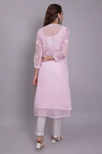 Pink georgette lucknowi chikankari kurta with slip
